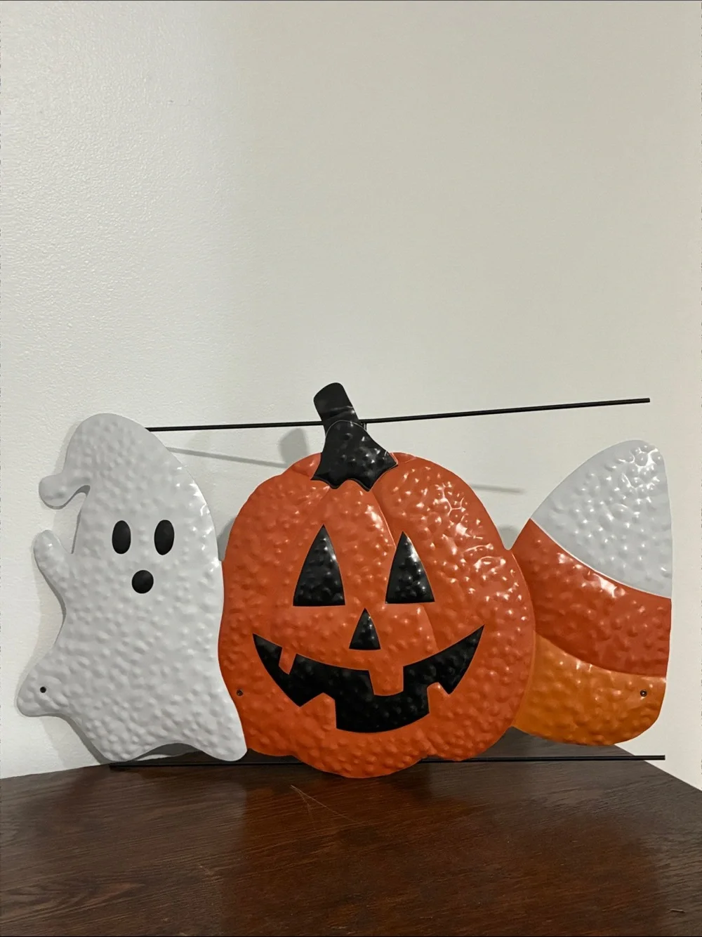NWT-Metal Halloween Yard Stake Sign w/ Ghost, Jack-o-lantern & Candy Corn 26x20